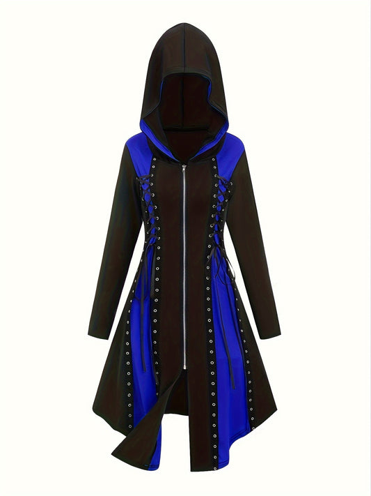 Plus Size Colorblock Zip Front Hooded Dress, Vintage Gothic Eyelet Detail Long Sleeve Dress, Women's Plus Size Clothing