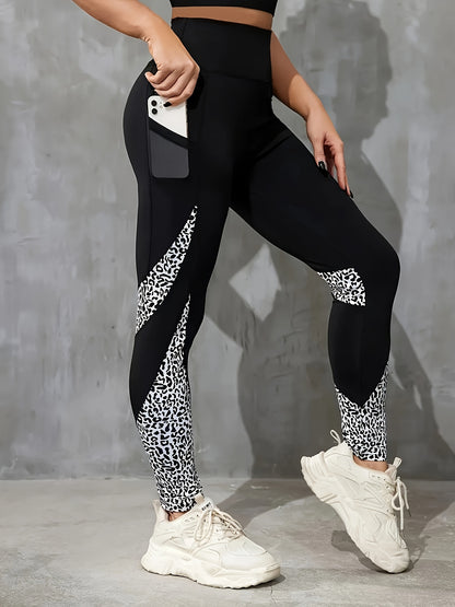 Pantalones deportivos de cintura alta con bolsillo de malla de leopardo: pantalones elásticos y recortados que realzan los glúteos para mujer, lavables a máquina, de color sólido, para usar durante toda la temporada