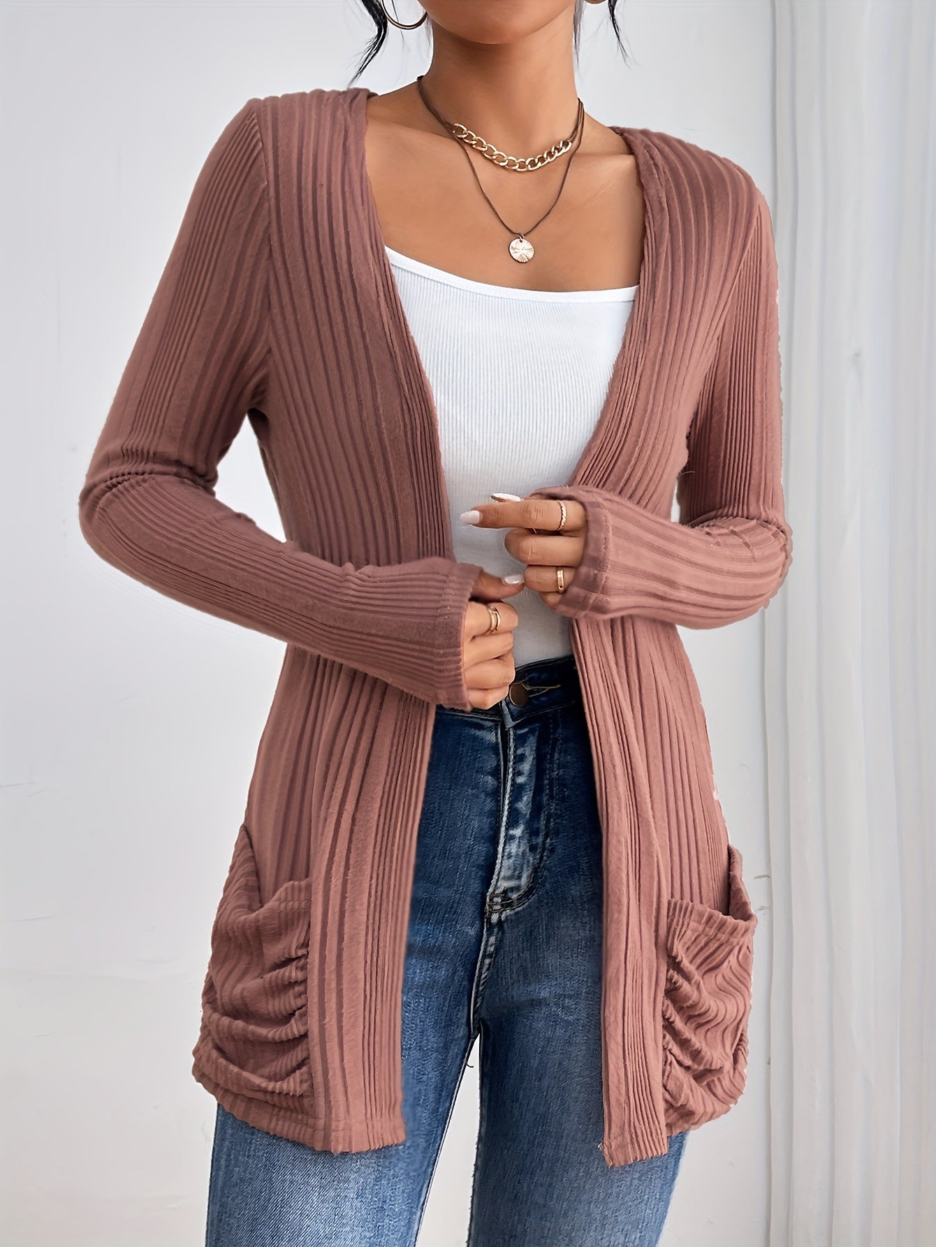 Womens Soft Rib Knit Cardigan - Solid Open Front, Slim Fit with Pockets - Long Sleeve Casual Wear for Everyday Fashion