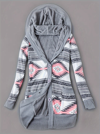 Cozy Fleece-Lined Hooded Cardigan - Geometric Print, Long Sleeve Knit Lounge Top with Pockets for Women, Perfect for Fall/Winter