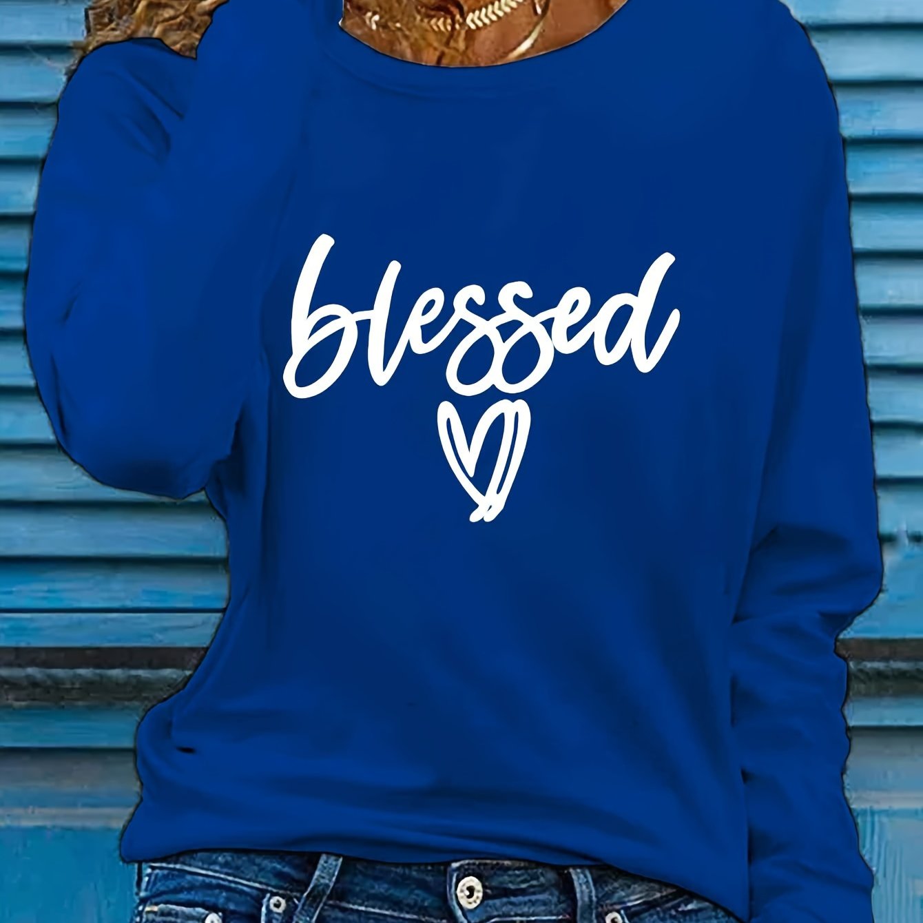 Women'S "Blessed" Heart Applique Long Sleeve Sweatshirt, Regular Fit