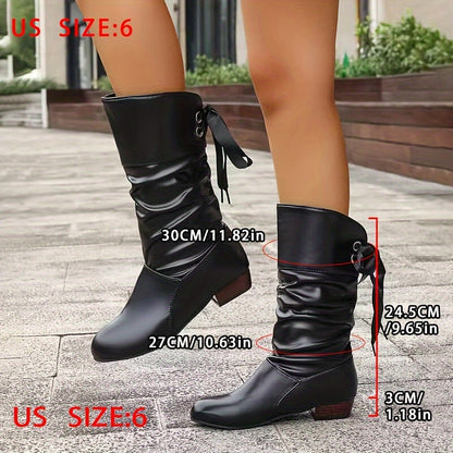 Womens Trendy Chunky Heel Dress Boots - Soft Comfort, Durable Lace-Up Design, Mid Calf Height - Versatile Solid Colors for Fashion-forward Style - LuxyXO