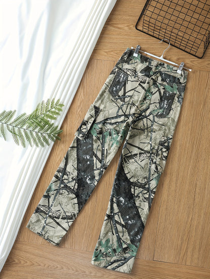 Plus Size Women's High Stretch Camo Print Cargo Jeans with Multiple Pockets and Button Fly on Hanger