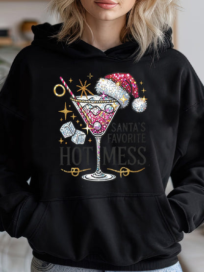 Adults' Cozy Cotton Blend Hoodie, Santa'S Hot Mess Glitter Christmas Martini Design, Casual Long Sleeve Pullover with Drawstring Hood, Festive Holiday Top for Sports & Outdoor Activities