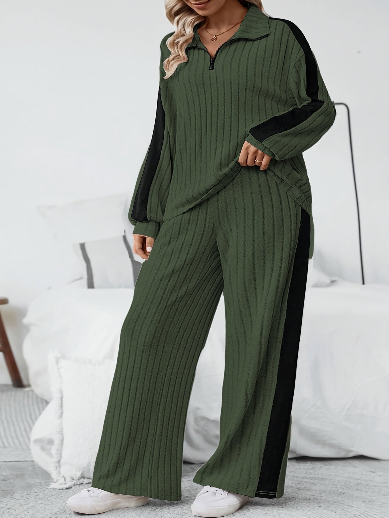 Plus Size Side Striped Ribbed Sweatshirt Set, Casual Half Zip Long Sleeve Sweatshirt & Wide Leg Pants Outfit