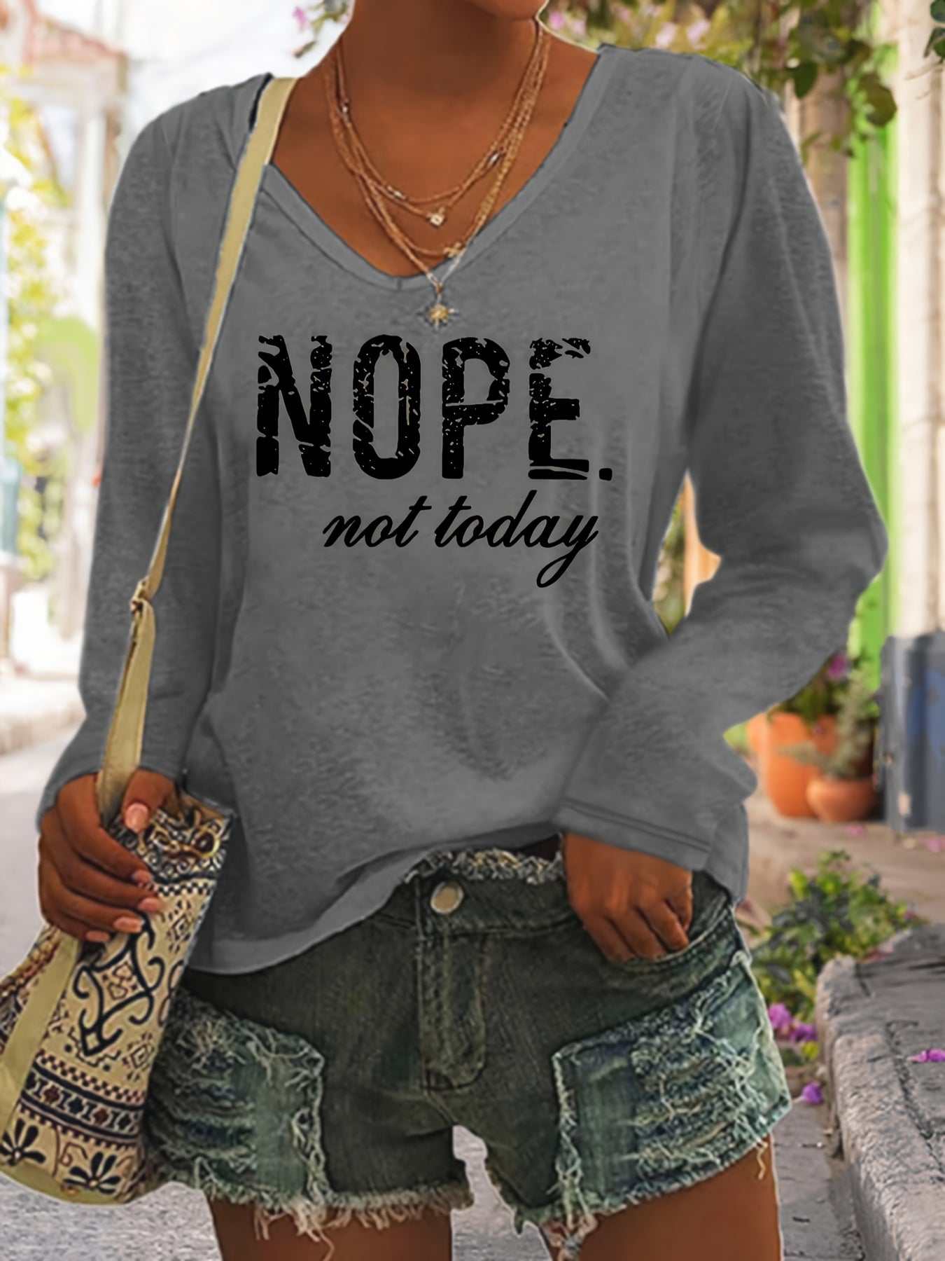 Plus Size Nope Print V Neck T-Shirt - Plus Size T-shirts for Women, Casual Long Sleeve Top with Relaxed Fit for Spring and Fall Seasons