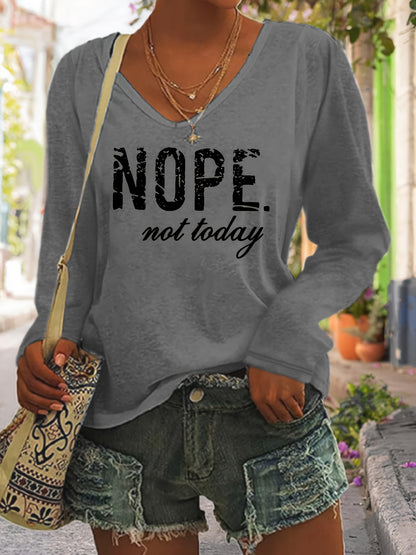 Plus Size Nope Print V Neck T-Shirt - Plus Size T-shirts for Women, Casual Long Sleeve Top with Relaxed Fit for Spring and Fall Seasons