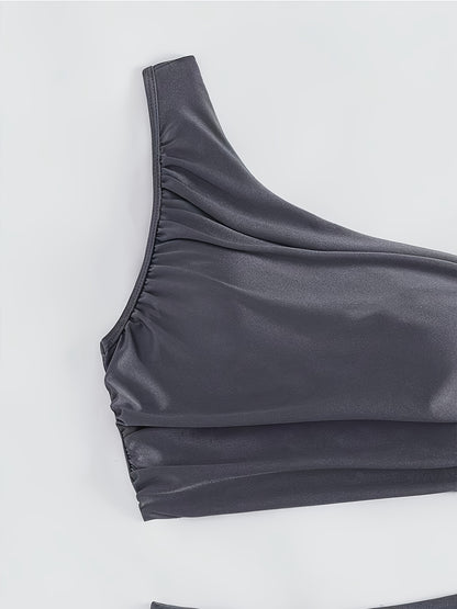 Women'S Sexy One-Shoulder Black Bikini Set - High Stretch Polyamide & Elastane, Solid Color Swimsuit with Frill Detail, Sleeveless, Swimwear Essentials | One Shoulder Bikini | Stretchy Fabric