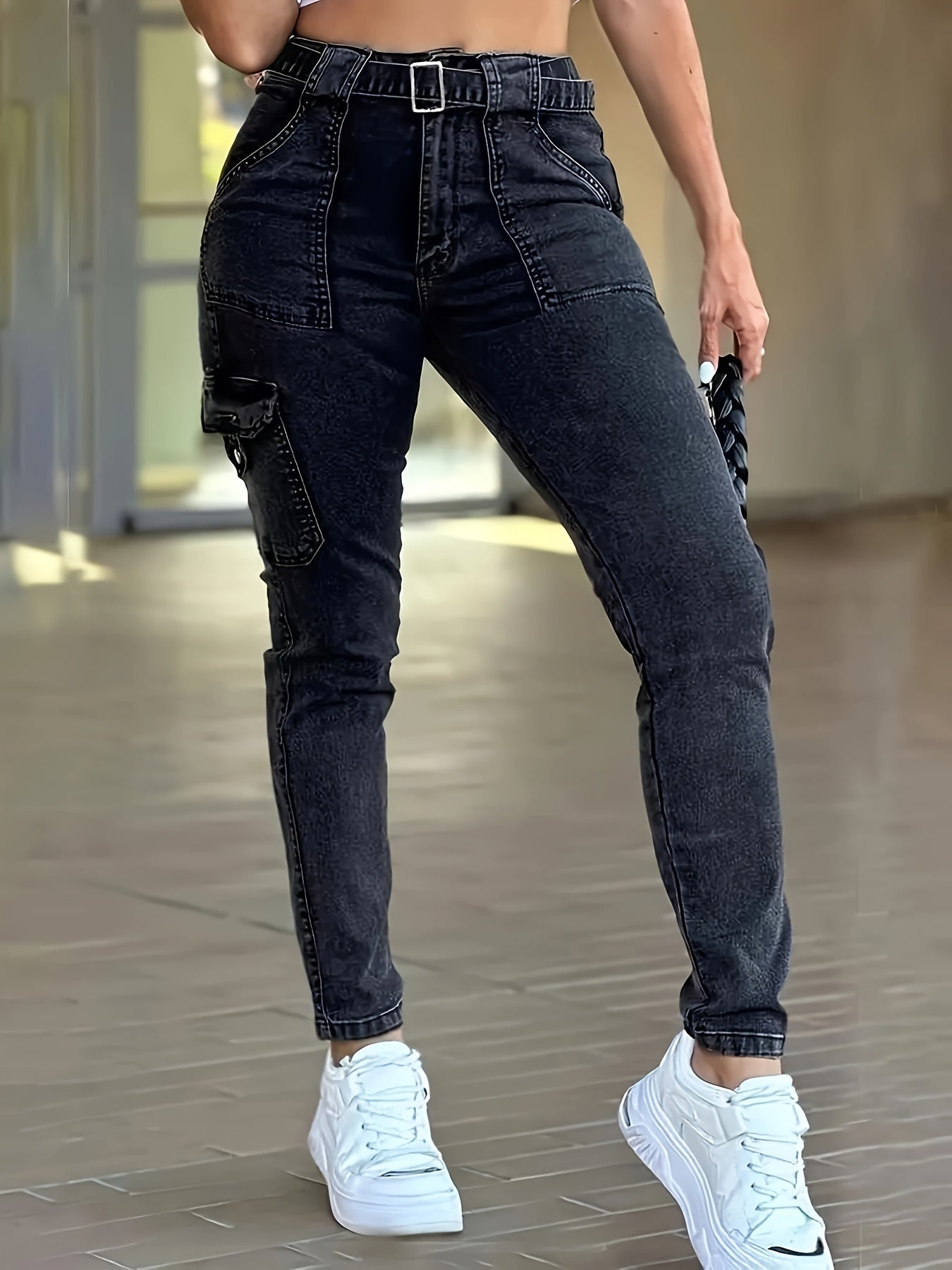 Pantalones vaqueros ajustados con cinturón y bolsillos laterales de talla grande, sexys, de color negro liso, jeans y ropa de mujer