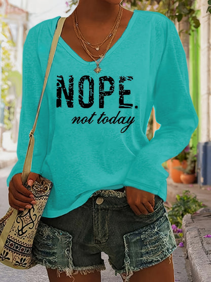 Plus Size Nope Print V Neck T-Shirt - Plus Size T-shirts for Women, Casual Long Sleeve Top with Relaxed Fit for Spring and Fall Seasons