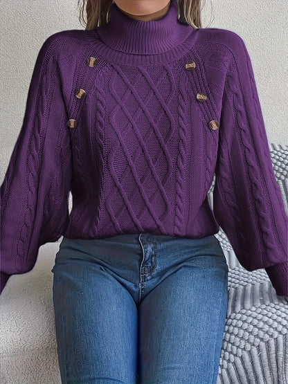 Women's Sweater with High Collar, Textured Buttons and Lantern Sleeves