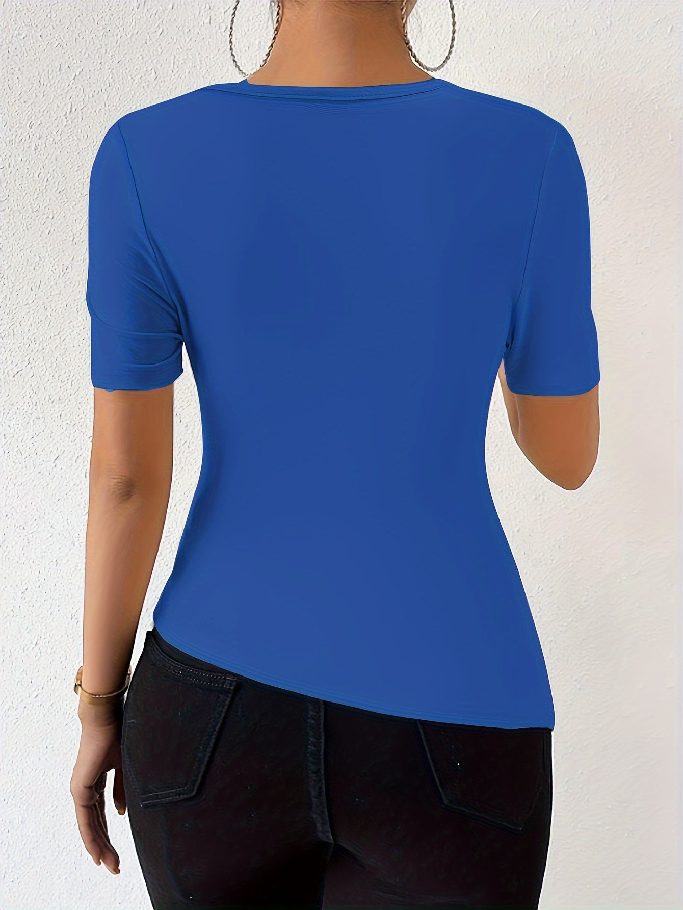 Womens Solid Color Asymmetrical T-Shirt with Ruched Neckline - Chic, Slim-Fitting & Trendy Short Sleeve Top for a Flattering Look