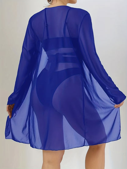 3-Pieces V Neck Bikini Sets, Criss Cross Strap High Cut With Cover Up Shirt Long Sleeves Bathing Suit