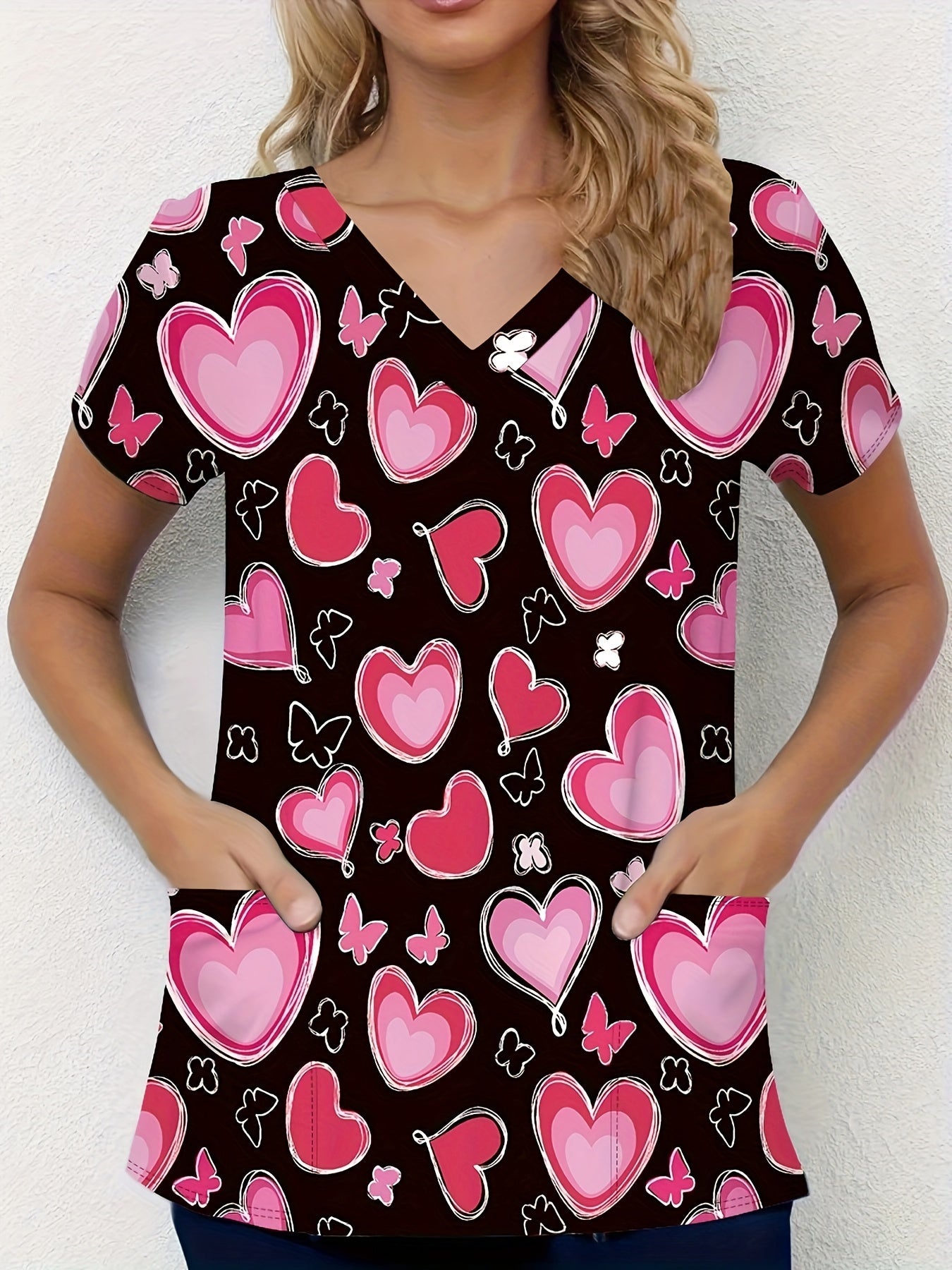 Heart Print V Neck Tops, Elegant Short Sleeve Patched Pockets Top For Medical Care, Women's Clothing