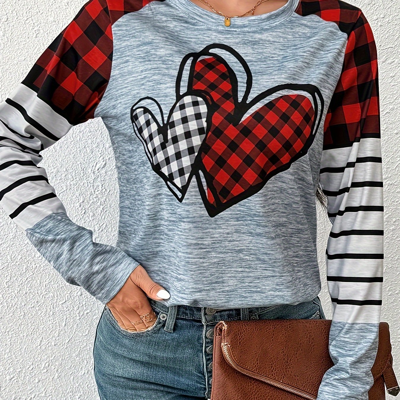 Plaid & Heart Print T-shirt, Casual Long Sleeve Crew Neck Top