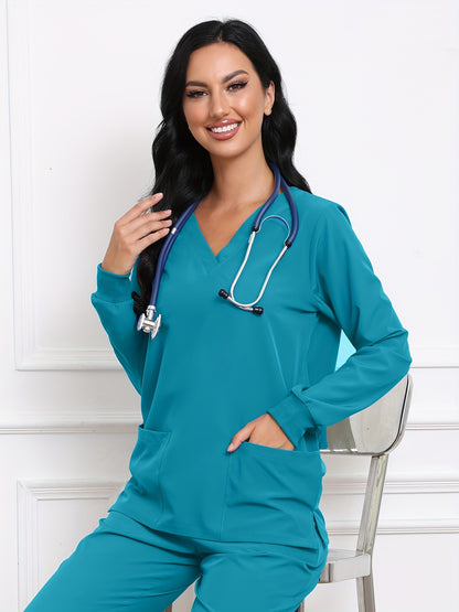 Stylish Women's Long Sleeve Scrubs Top - V Neck, Functional Patched Pockets, Breathable Fabric, Comfortable Fit, Health Care Uniform, Medical Workwear, Easy Care, Machine Washable