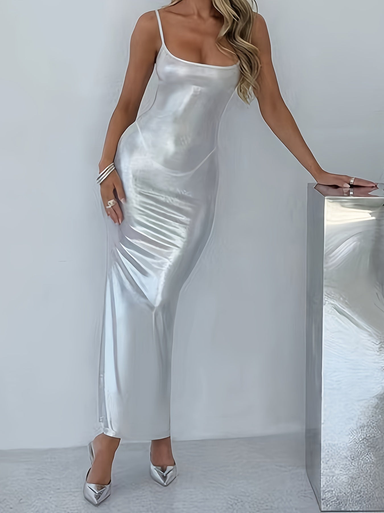 Vestido camisero ajustado brillante con espalda descubierta, vestido camisero sexy sin mangas hasta los tobillos para fiestas y clubes, ropa de mujer