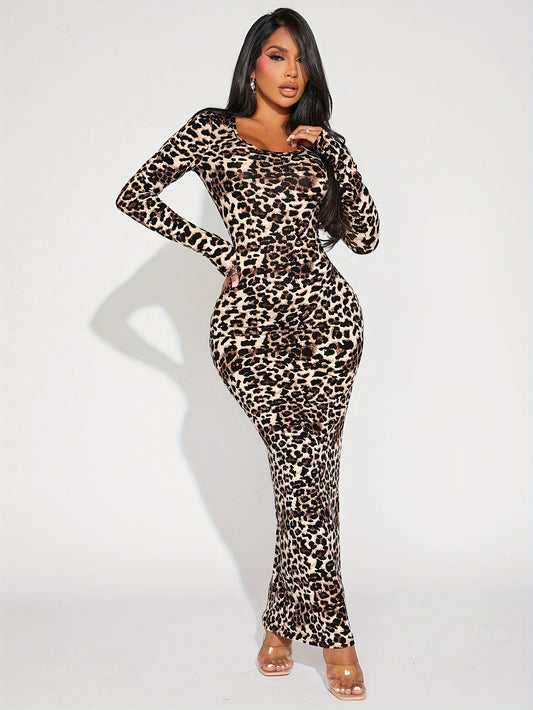 Stunning Leopard Print Bodycon Maxi Fit Dress - Women's Clothing - Elegant Crew Neck, Long Sleeve, Spring & Fall Essential, Comfortable and Versatile