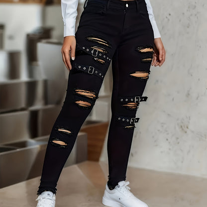 Buckle Ripped Plain Jeans, Distressed Gothic Punk Style Skinny Denim Pants, Women's Denim Jeans & Clothing