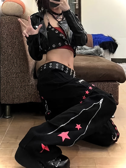 Women'S Y2k Gothic Punk Wide Leg Pants, Cotton Blend, Sexy Solid Color, with Chain Detail, for All-Season Woven Workwear Trousers