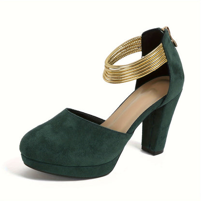 Elegant Women's Chunky Heel Pumps: Water-Resistant, All-Season Slip-On Shoes with Secure Ankle Strap