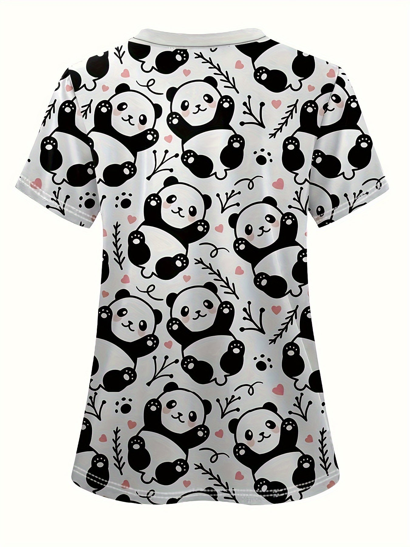 Elegante blusa médica con cuello en V y estampado de panda para mujer: suave, transpirable y funcional con bolsillo; uniforme de atención médica cómodo para médicos, enfermeras y dentistas; lavable a máquina, manga corta, largo normal