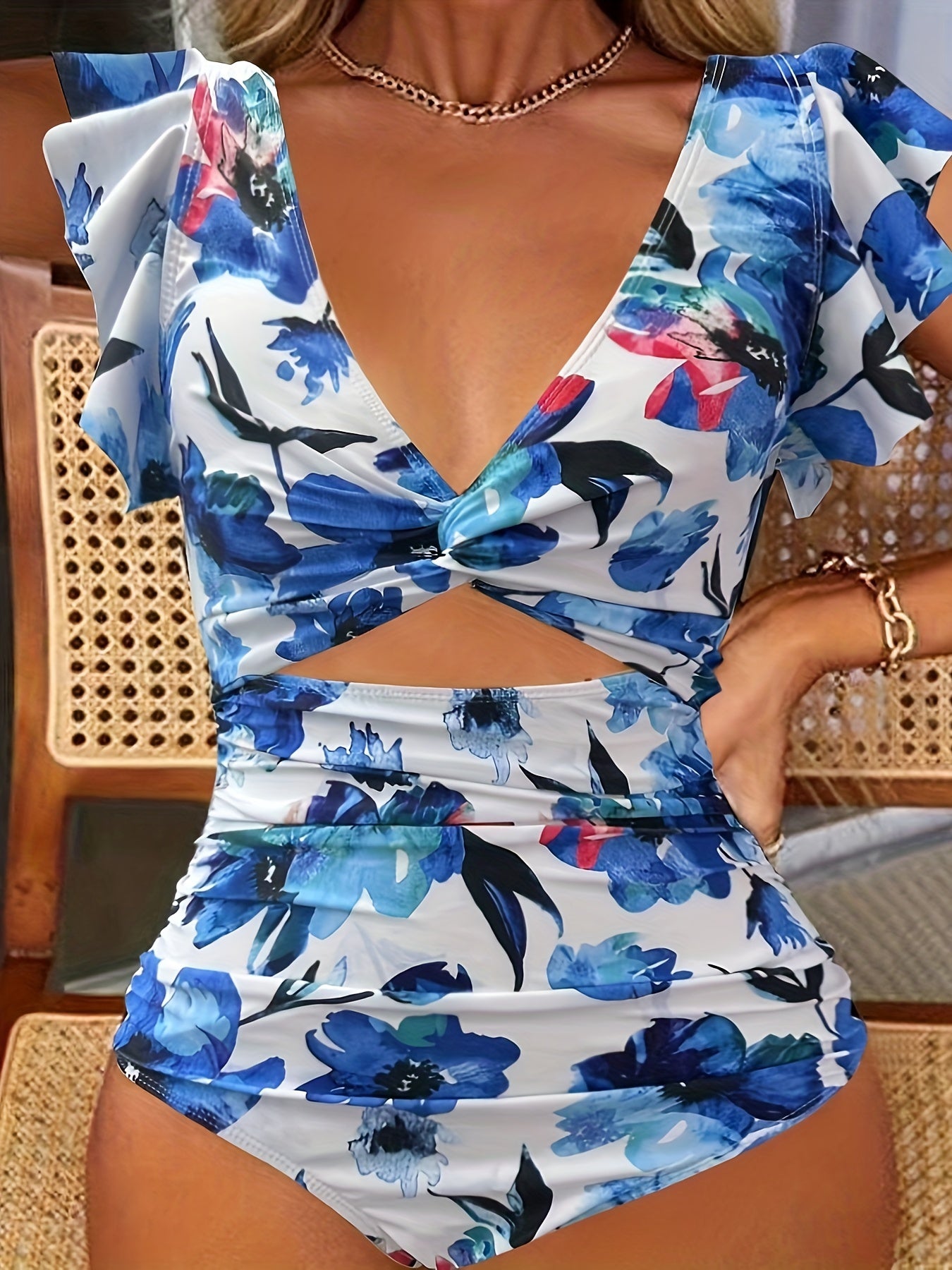 Ruffle Cut Out Ruched One-piece Swimsuit, Solid Black Tummy Control Stretchy Bathing Suits