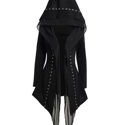 Y2K-Inspired Gothic Chiffon Jacket with Metal Eyelet Detail - Oversized Hooded Outerwear for Fall/Winter, Perfect for Street Parties & Rock Styles