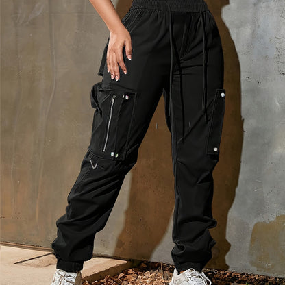 High-Waist Wide-Leg Cargo Pants - Casual Fashion, Soft Polyester, Drawstring Elastic Waist, Multi-Pocket Design