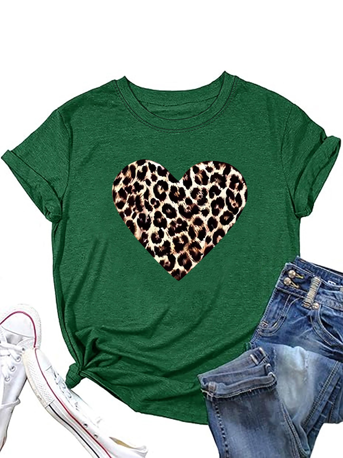 Camiseta con estampado de leopardo de moda: cuello redondo cómodo, mangas cortas livianas: blusa de verano perfecta para mujeres