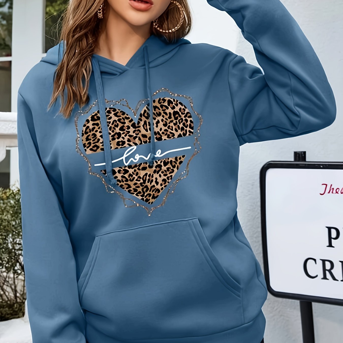 Leopard Print Drawstring Hoodie, Casual Long Sleeve Drop Shoulder Hoodie, Women's Clothing, Valentine's Day