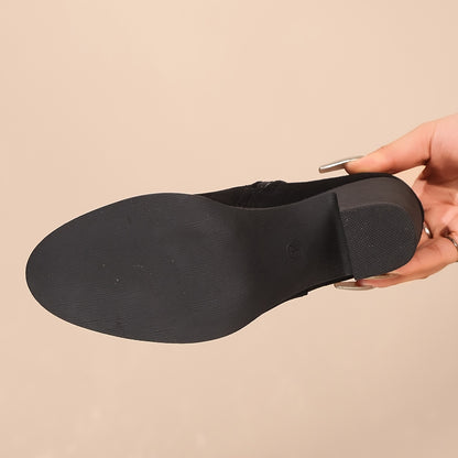 Botines negros elegantes para mujer: botines de lona o tela versátiles con cremallera lateral, tacón grueso y punta puntiaguda