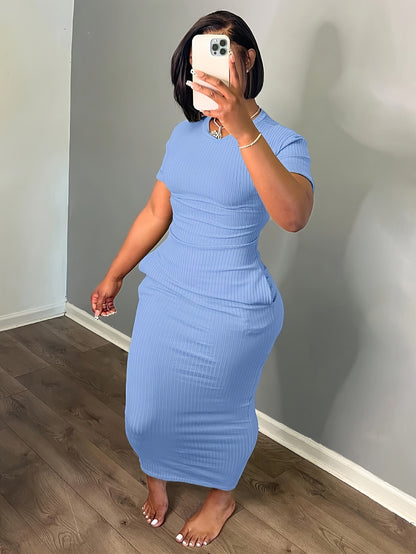 Plus Size Simple Chic Bodycon Crew Neck Dress with Pockets - Soft Slight Stretch Polyester Fabric, Machine Washable, Perfect for Summer and Spring - Casual Short Sleeve Womens Plus Size Clothing for Everyday Wear