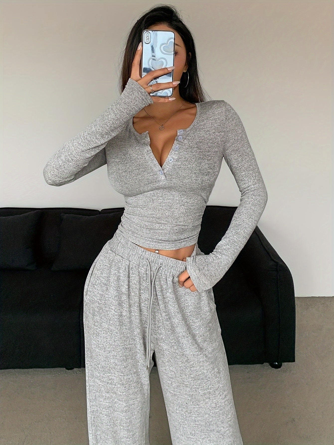 Women's Casual V-Neck Knit Pantsuit Set - Polyester Blend Long Sleeve Button-Top with Drawstring Pocket Pants, Solid Color Two-Piece Outfit for Fall/Winter