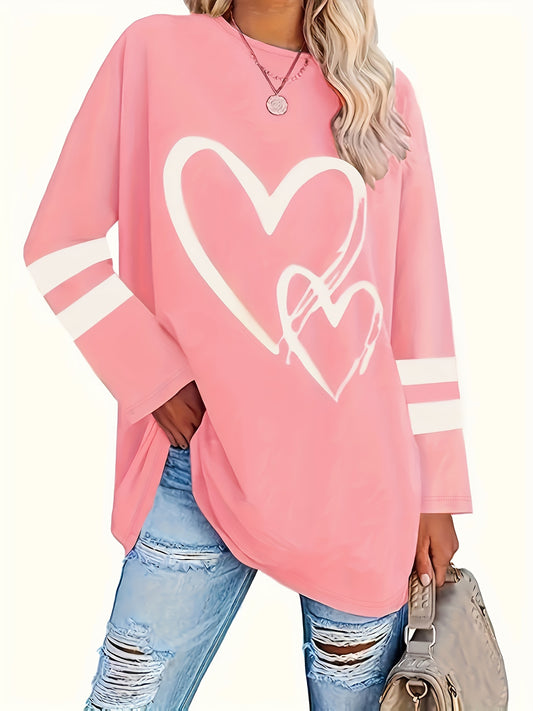 Plus Size Heart Print Crew Neck Long Sleeve T-Shirt - Soft, Comfortable, and Relaxed Fit - Women's Casual Clothing for Everyday Wear