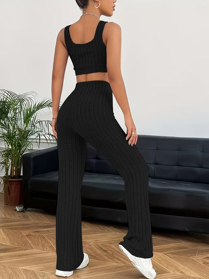 Chic Ribbed Two-piece Outfit Set - Soft Crop Tank Top & High Waist Pants - Flattering Casual Wear for Women