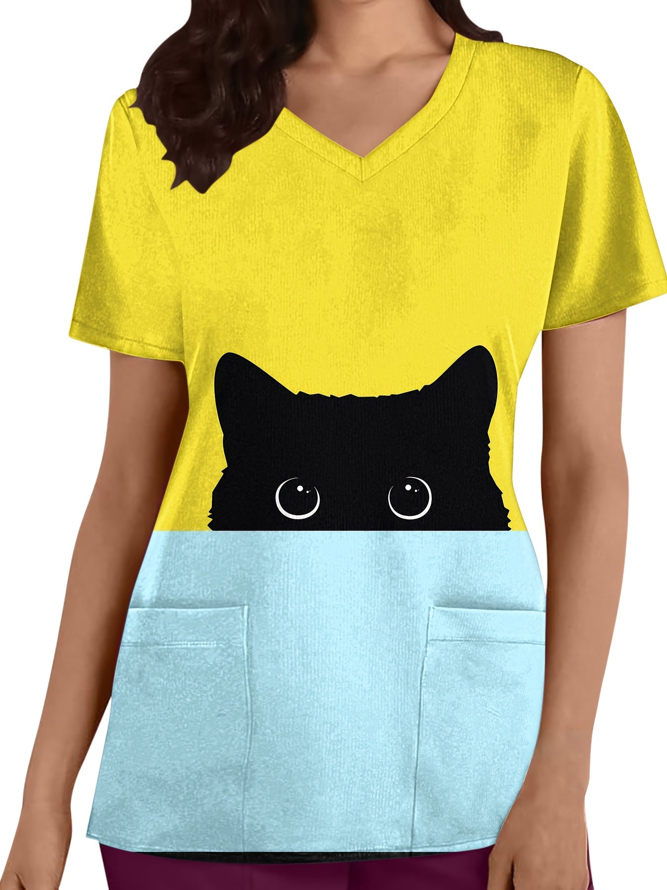 Whimsical Cartoon Cat V-Neck Scrub Top - Ultra-Comfortable, Functional, and Breathable Health Care Uniform for Women - Perfect for Hospital, Dental Office, and Medical Professionals