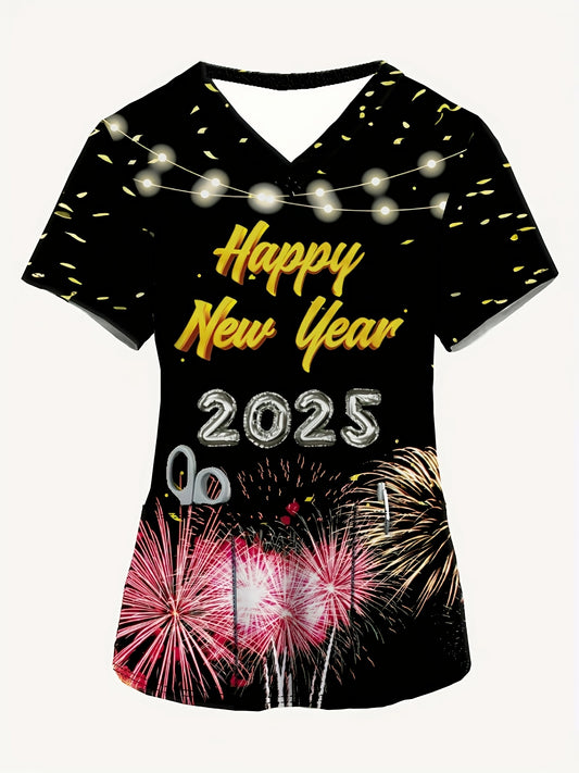 1pc 2025 Happy New Year Fireworks Design Women'S V-Neck Short Sleeve Top, Casual Comfort Medical Scrub with Pockets, Color Block Knit Polyester Fabric, All-Season Nurse Uniform