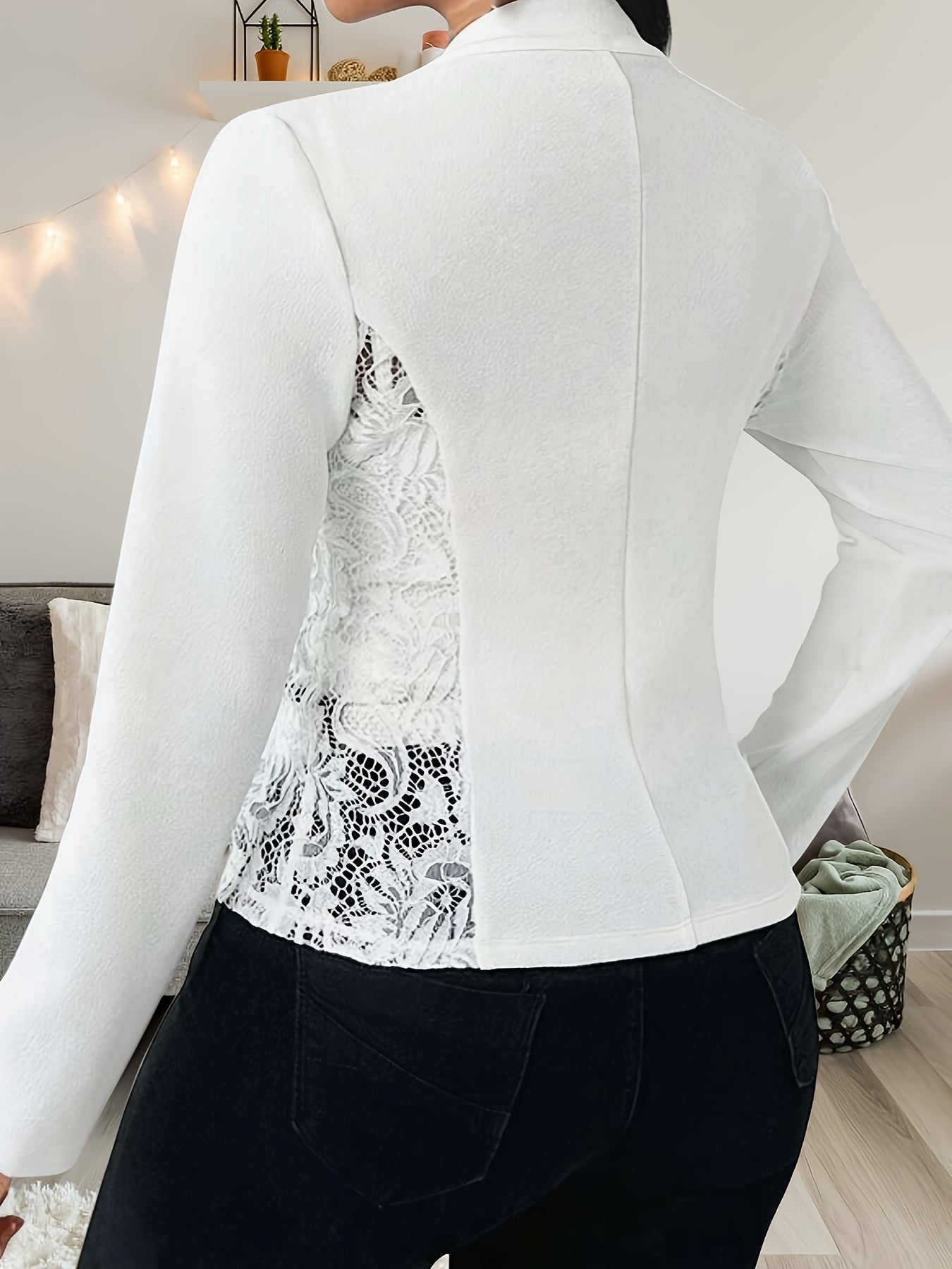 1pc Women'S Fashion Solid Color Lace Patchwork Open Front Long Sleeve Jacket, Casual Polyester Knit Fabric Cardigan Collar