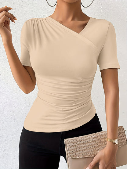 Womens Solid Color Asymmetrical T-Shirt with Ruched Neckline - Chic, Slim-Fitting & Trendy Short Sleeve Top for a Flattering Look