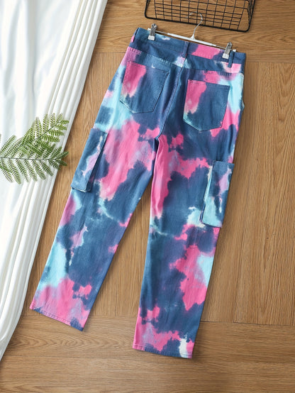 Plus size women's high stretch camo print cargo jeans in pink, blue, and white tie-dye pattern with multiple pockets, button fly, relaxed fit.