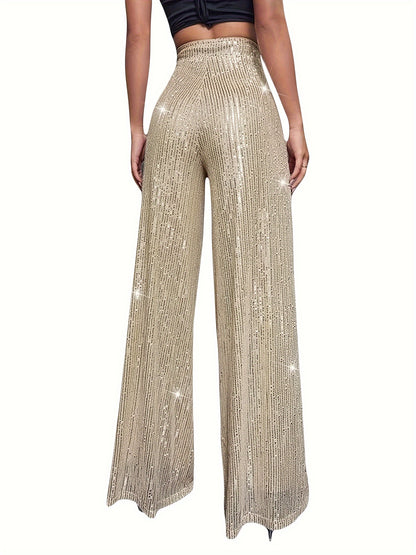 Womens Glitter Sequin Pants Sparkly Wide Loose Trousers Straight Leg Palazzo Pants Shiny Dance Bling Party Clubwear