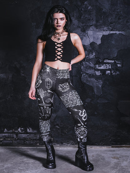 Leggings de bruja gótica de talla grande: tejido elástico y transpirable con estampado geométrico, cintura alta, control de abdomen y levantamiento de glúteos, versátiles para todas las estaciones