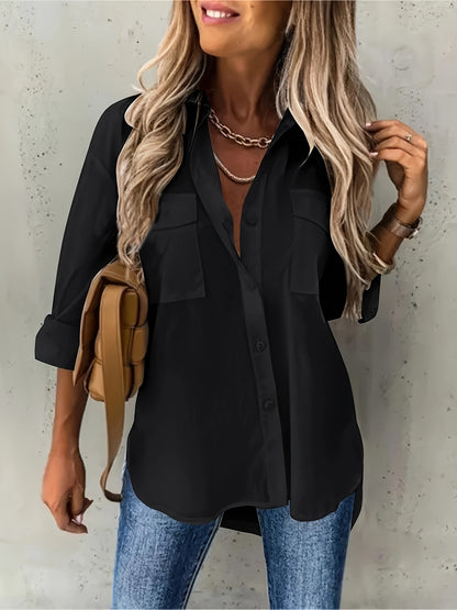 Plus Size Womens Charming Blouse - Long Sleeve Solid Shirt with Flattering Lapel Collar & Stylish Button-Up Design, Trendy Plus Size Top featuring Practical Flap Pockets for Casual Chic Style