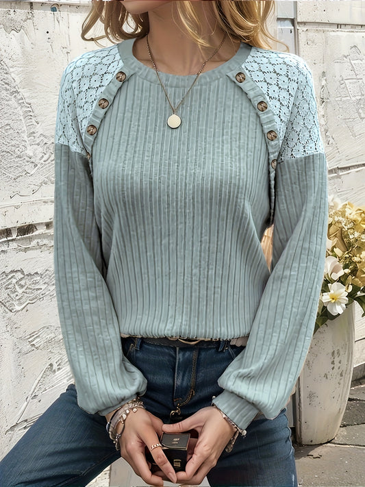 Plus Size Elegant Lace Stitching Crew Neck Sweatshirt - Soft Solid Button Decor Pullover with Long Sleeves for Fall & Spring - Women's Cozy Casual Wear for Daily Life