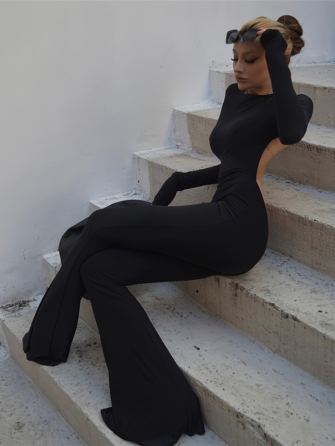 Black Simple Casual High Elastic Tight Sexy Backless Long-Sleeved Straight-Leg Wide-Leg Jumpsuit