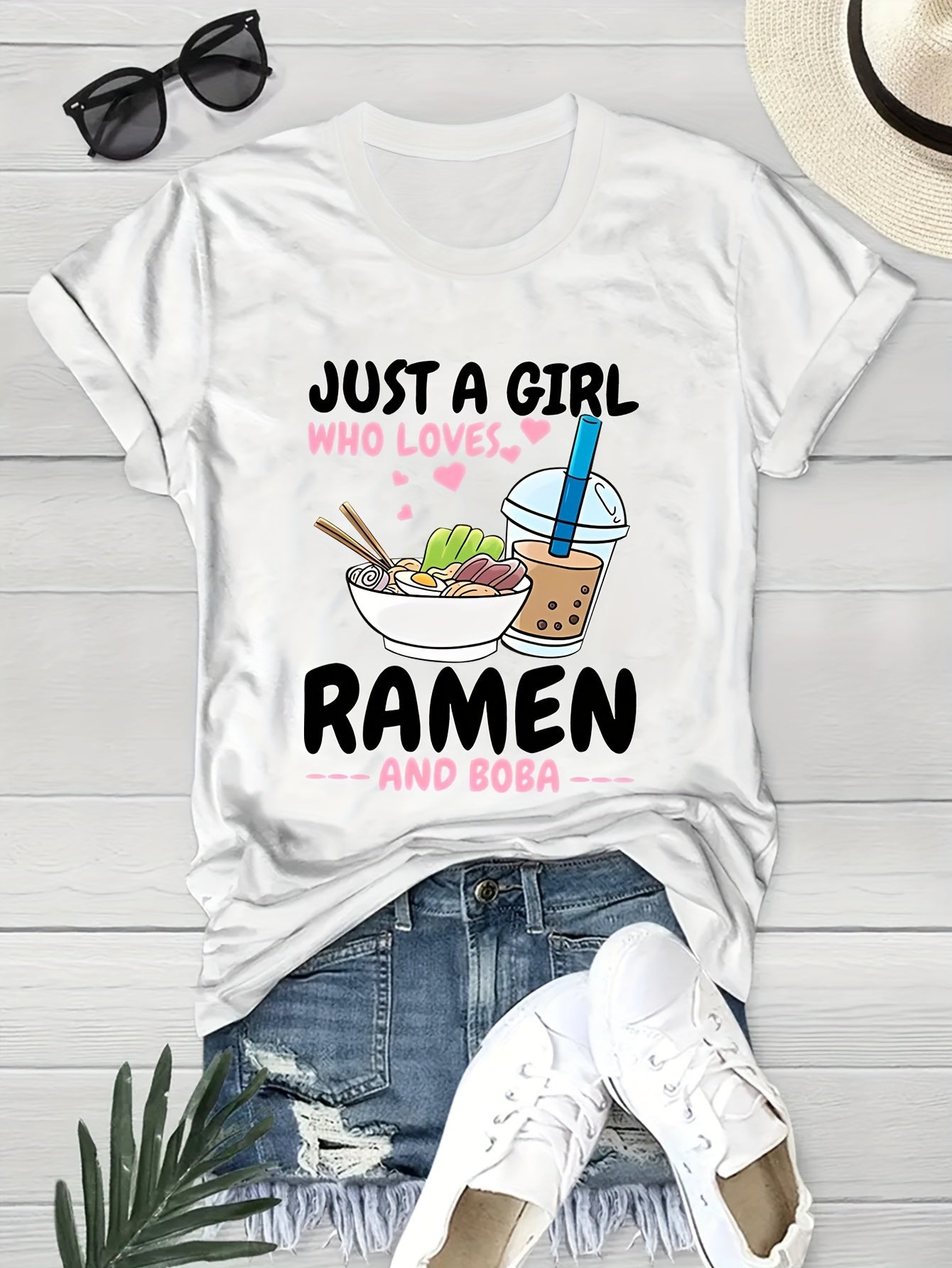 Camiseta de cuello redondo con estampado de ramen vibrante: camiseta de manga corta suave, transpirable e informal para primavera y verano: ropa de mujer de corte relajado para uso diario