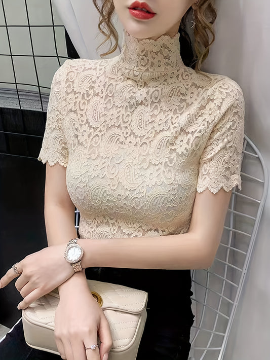 Paisley Lace Blouse, Elegant Solid High Neck Short Sleeve Blouse, Women's Clothing