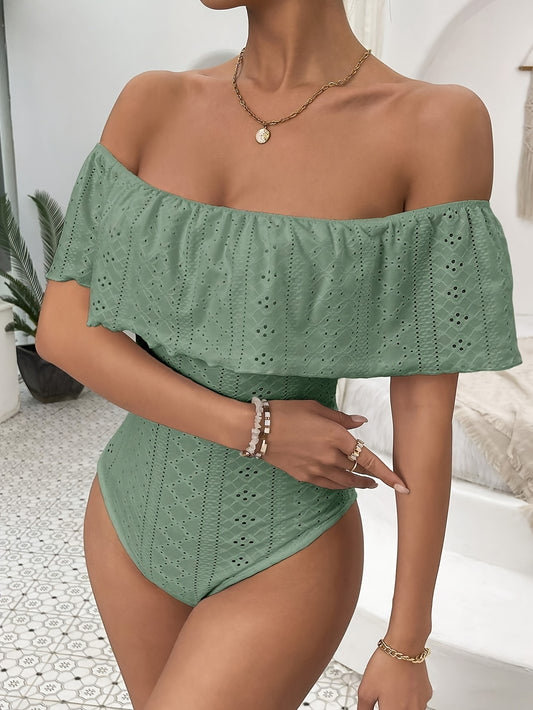 Flirty Layered Eyelet Off Shoulder Bodysuit - Chic Short Sleeve Slim Fit - Perfect Vacation Style for Women