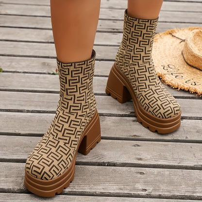 Womens Fashion Solid Color Slip-On Chunky Heel Platform Boots - Effortless Comfort, Airy Knit, Casual Chic Style